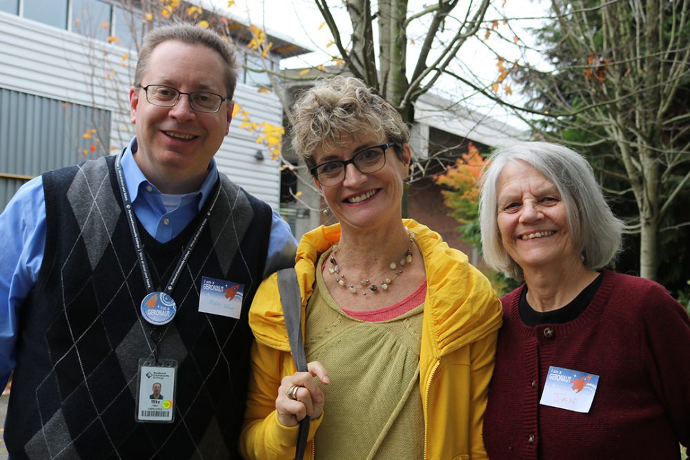 (from left to right) Gerontology instructor Mike Faber, Ashton Applewhite and Faculty Department Chair Jan Abushakrah