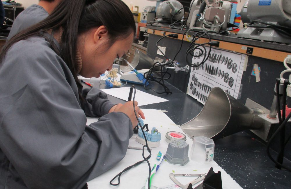 A second-year dental laboratory tech student carefully sculpts a wax mold that will later be cast into a dental crown or bridge. 