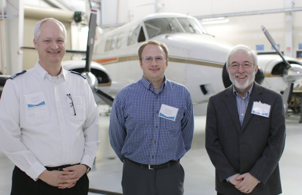 From left, Aviation Science Chair Larry Altree, Aviation Maintenance Graduate Joe Adams and Aviation Maintenance Chair Marshall Pryor.