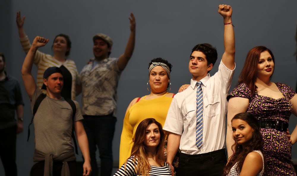 In foreground, actor Mason Congeyer as Benny surrounded by Lauren Hernandez-Lamont (upper left) as Carla, Brice Schmietenknop (lower left) as Vanessa, Hannah Thorton (middle right) as Daniela and Jade Tate as Nina Rosario.