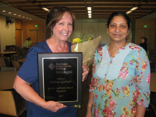 Dolores Galindo (left) with business instructor Usha Ramanujam.