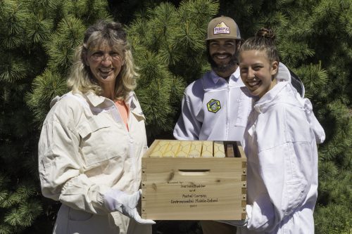 Pictured (left) are Anne LeSenne, Landscape Technology instructor at Rock Creek, bee keeping student Michael Patterson, and Flow Hive donor Harlene Beuhler.