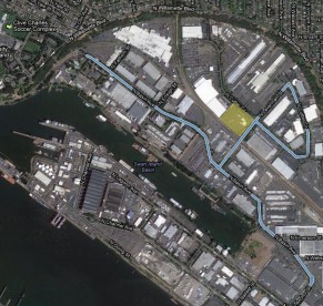 Map of the Swan Island Area. Yellow highlighted area indicates site of new PCC center,