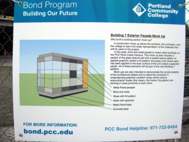 To provide campus stakeholders information about the structure, Rock Creek campus and the Bond Program developed signage to inform people about how the mock up structure will be used.