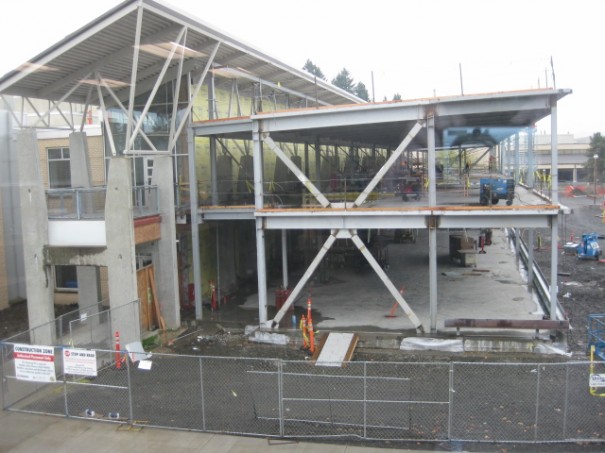 View of Building 7 from the south side of the new facade under construction.