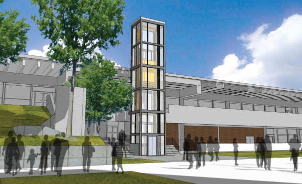 A new glass elevator will be installed at the north end of the College Center building. 