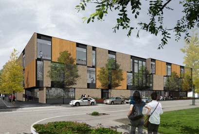 The architectural rendering of the new Academic Building at Cascade Campus shows the frontage along N. Jessup Street.