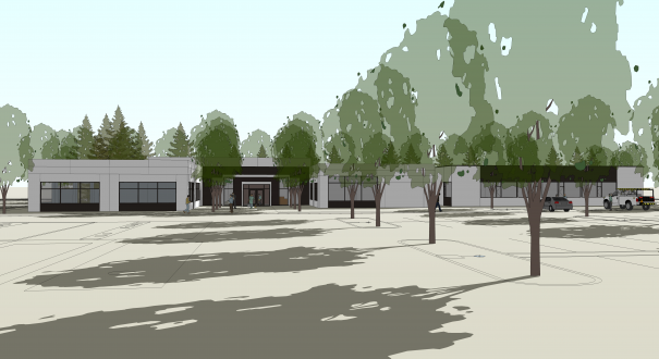 This architectural rendering shows the main entry into the College's newest center in the Swan Island Industrial Park.