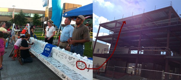 The steel beam signed at the National Night Out event on August 8, hosted at Cascade Campus, is now installed on the top floor of the new student center.